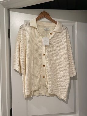 Mango Cream Open-Knit Polo Cardigan